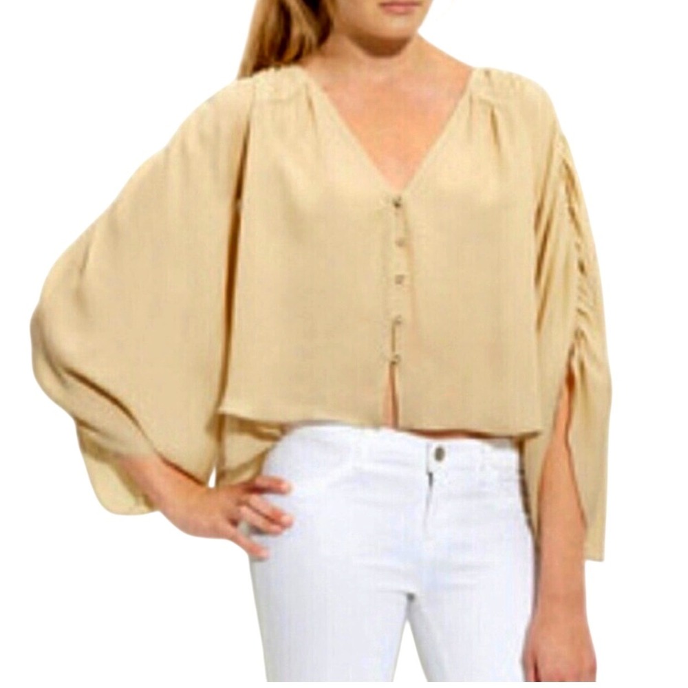 Radenroro Silk Blouse Womens 2 Beige Button Front Puff Sleeve V-Neck Boho Top‎